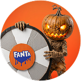 Ícono del paso dos de Fanta Halloween con una figura de calabaza sosteniendo una ruleta de premios.