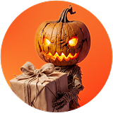 Ícono del paso tres para Fanta Halloween donde una figura de calabaza sostiene un regalo envuelto.
