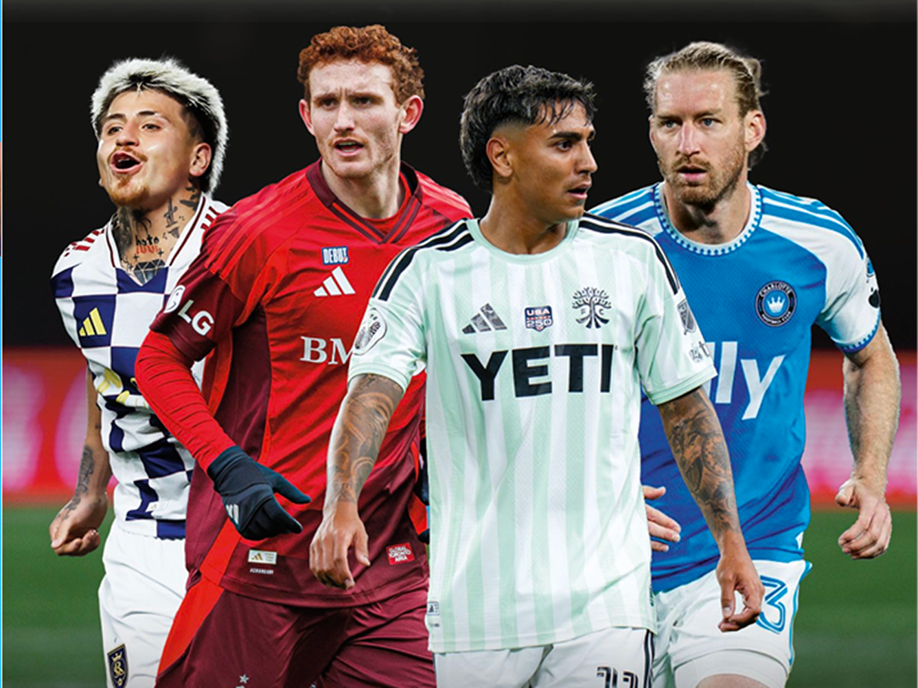 Four soccer players in club jerseys walking on pitch, key art for Coca-Cola FIFA matchday sweepstakes promotion.
