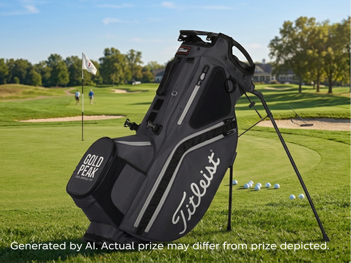 Titleist golf stand bag with Gold Peak branding on a lush course near the green, featured as a PGA sweepstakes prize.
