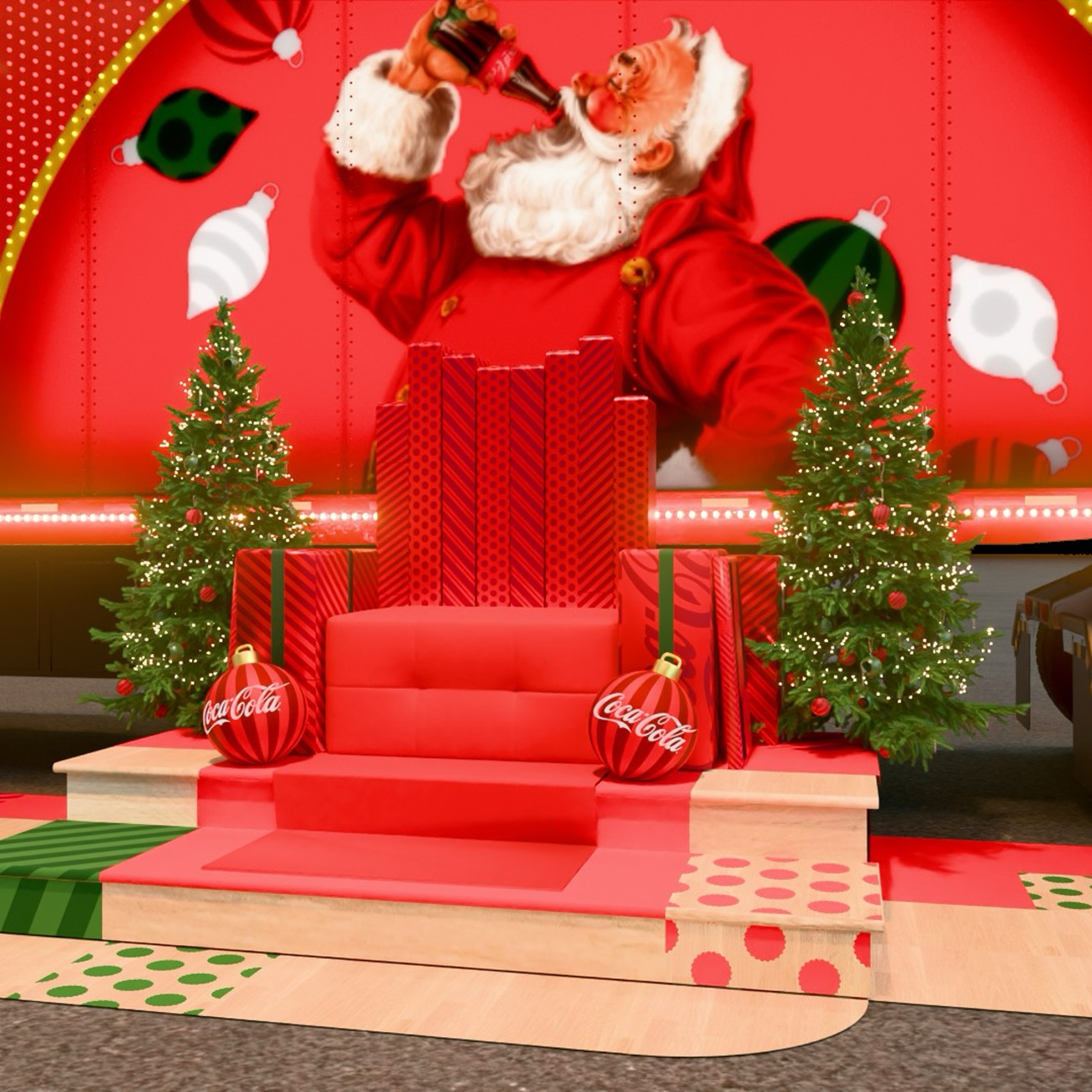 Illustrated Santa in fur lined robe drinking glass bottle of Coca-Cola behind a holiday chair and decorations