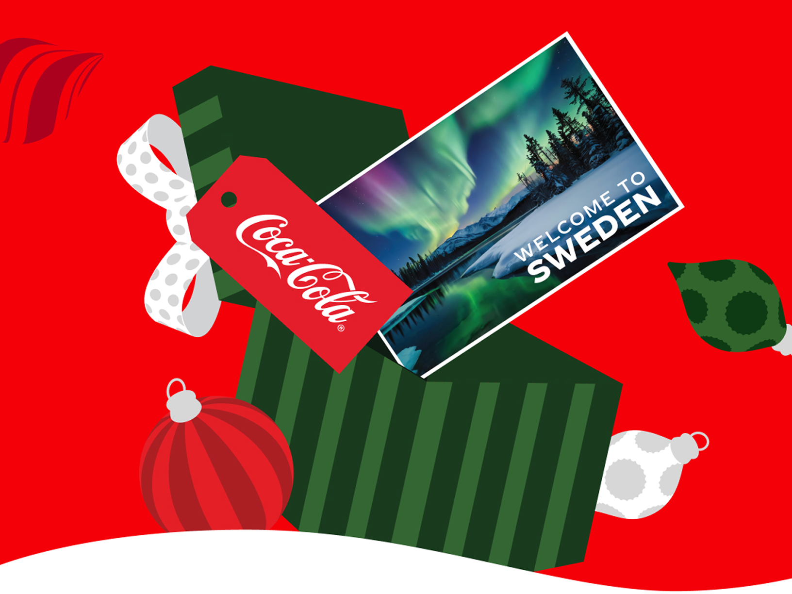 A gift box surrounded by ornaments with a Coca-Cola tag is opened to show a postcard from Sweden
