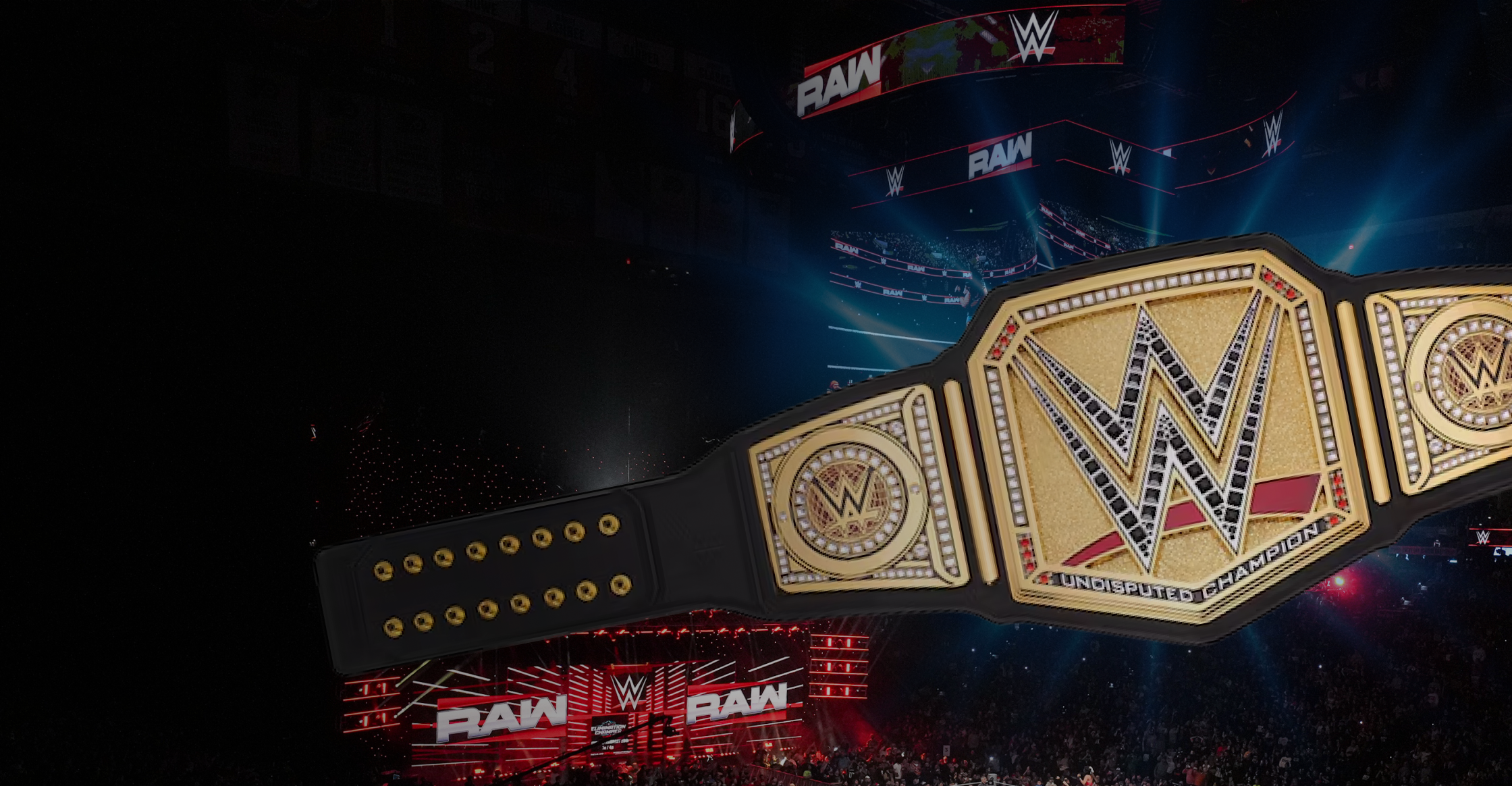 The Undisputed WWE Universal Championship belt floats above the ring at a live WWE Raw event with a packed crowd watching.