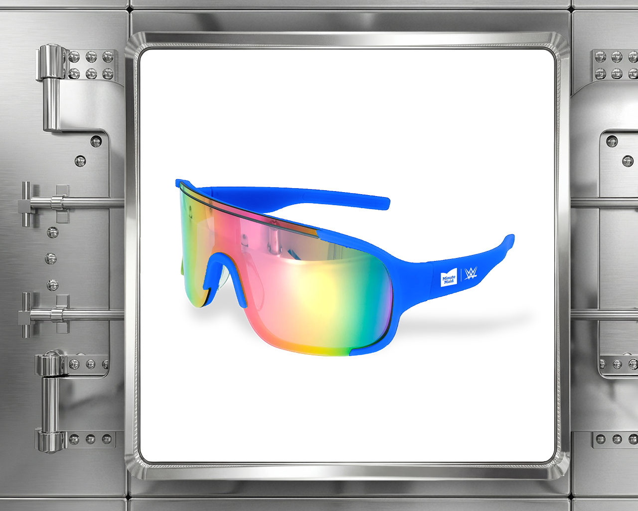 A pair of blue sport sunglasses with rainbow lenses, featuring Minute Maid and WWE logos, displayed inside an open steel vault.