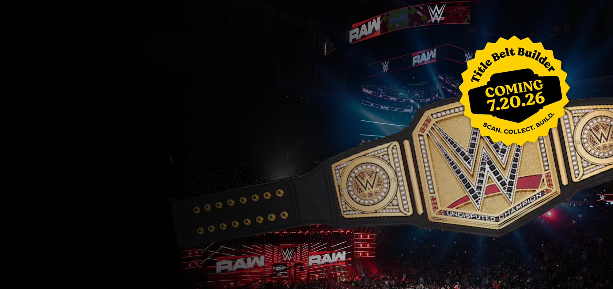 Minute Maid x WWE belt builder hero banner with championship belt and lineup of fruit punch and lemonade juices on blue lights.