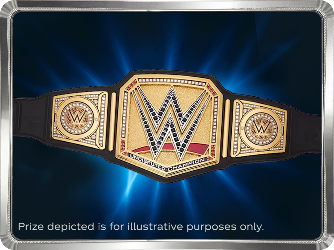 Replica WWE undisputed championship title belt on blue spotlight background, shown as prize visual for Minute Maid x WWE promotion.