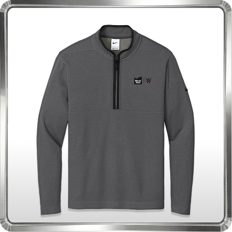 Gray quarter-zip pullover with small Minute Maid x WWE logos on the chest, designed as premium campaign fan apparel.