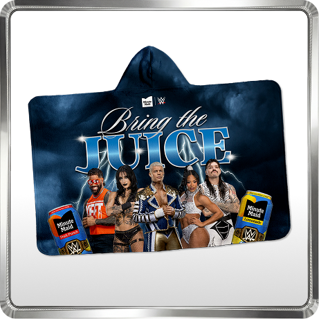 Minute Maid x WWE hooded blanket reading Bring the Juice, featuring wrestlers over stormy arena background with juice packs.