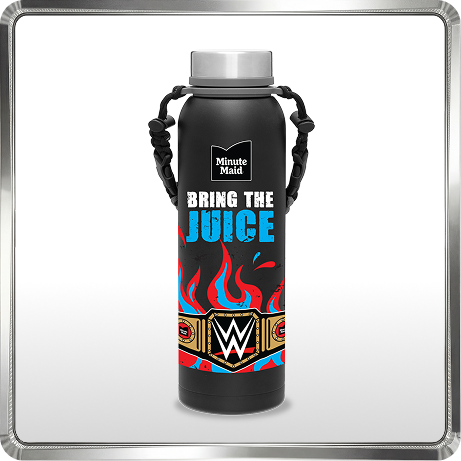 Minute Maid x WWE 32 ounce black thermal bottle with Bring the Juice design, flames and championship title belt graphic.