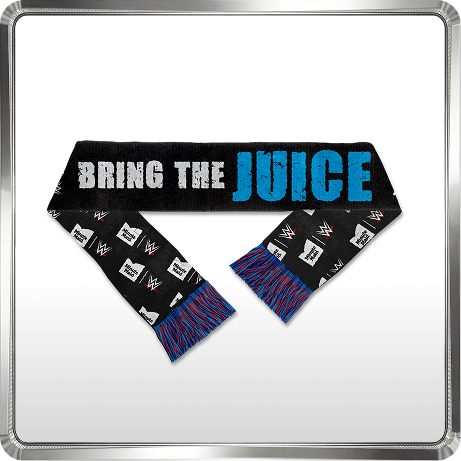 Minute Maid x WWE stadium scarf reading Bring the Juice with campaign logos and blue and red fringe at both ends.