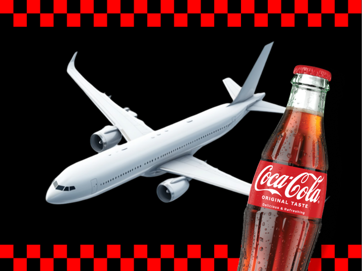 White airplane and Coca‑Cola glass bottle on racing checkered background promoting NASCAR 500 flights, hotel and travel prize package.