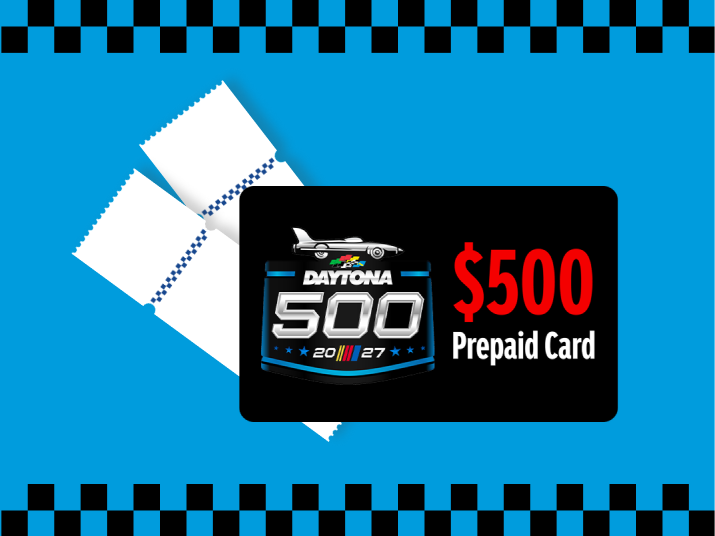 Daytona 500 race tickets and $500 prepaid card on blue background with checkered border, showcasing NASCAR 500 ticket and spending money prize.