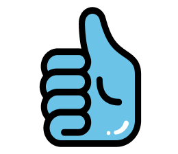 A black-outlined thumbs-up icon filled with blue, with small sparkle accents.