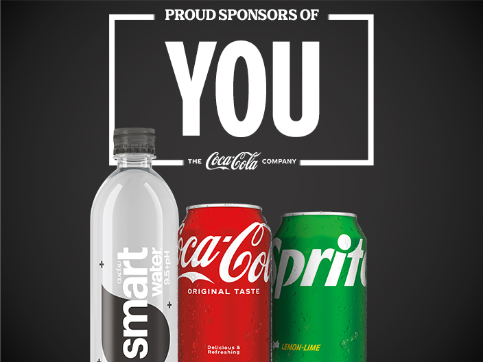 Image of a bottle of smartwater alkaline, a can of coca-cola, and a can of sprite under text reading "Proud sponsors of you."