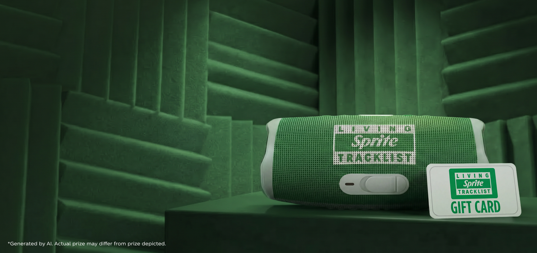 Sprite Living Tracklist green portable speaker and branded gift card displayed in soundproof green studio booth.