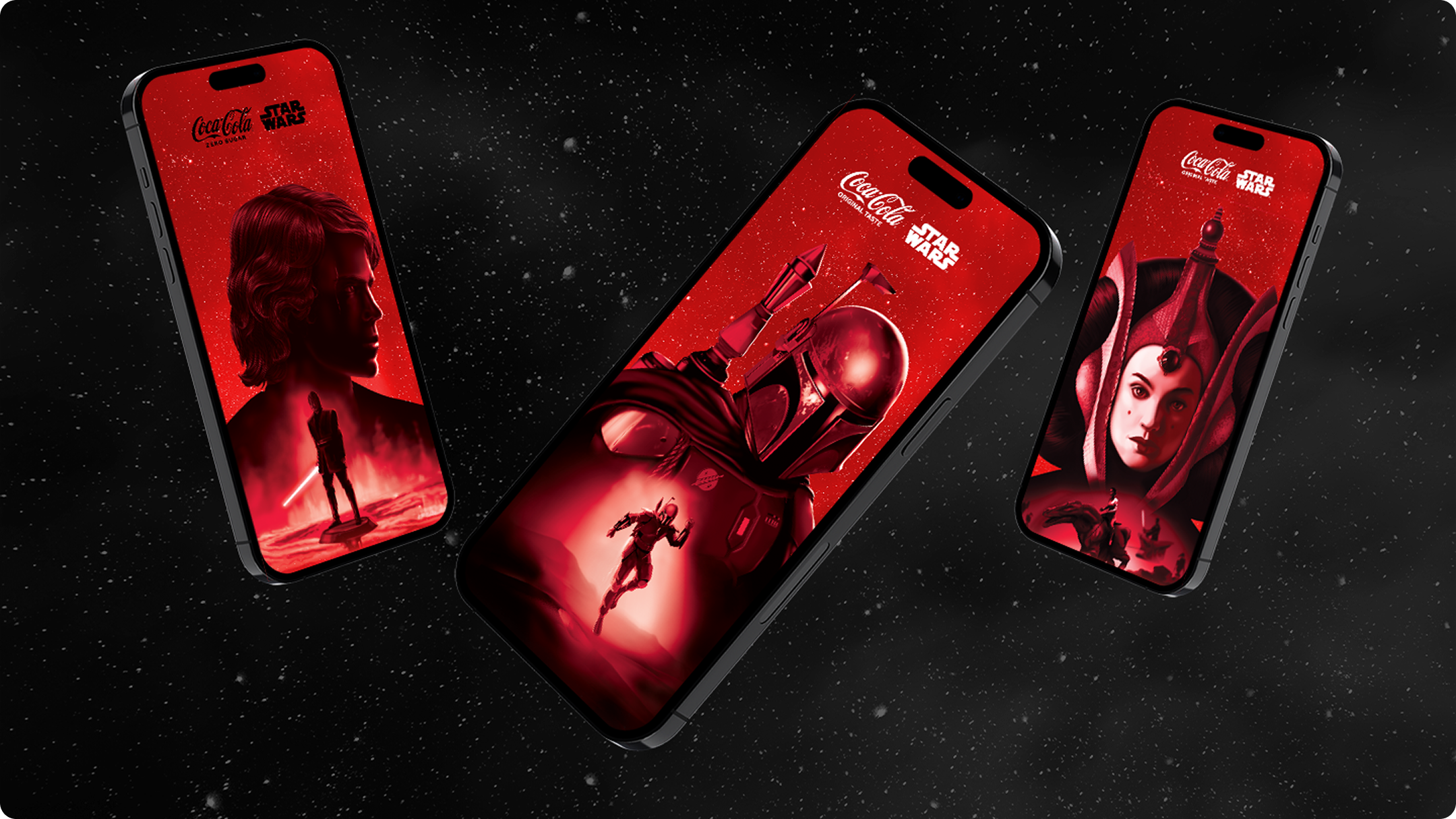 Écrans de téléphone affichant des personnages de Star Wars en noir sur fond rouge foncé