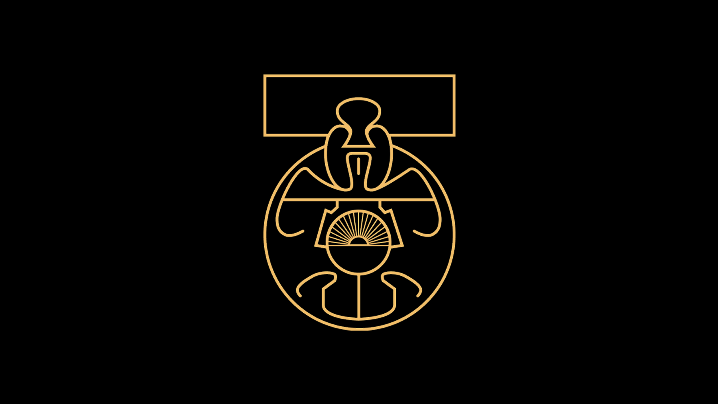 Minimalist golden emblem on a black background, drawing inspiration from Star Wars. The circular design includes geometric patterns resembling a sunrise and abstract shapes, reflecting a sci-fi aesthetic.