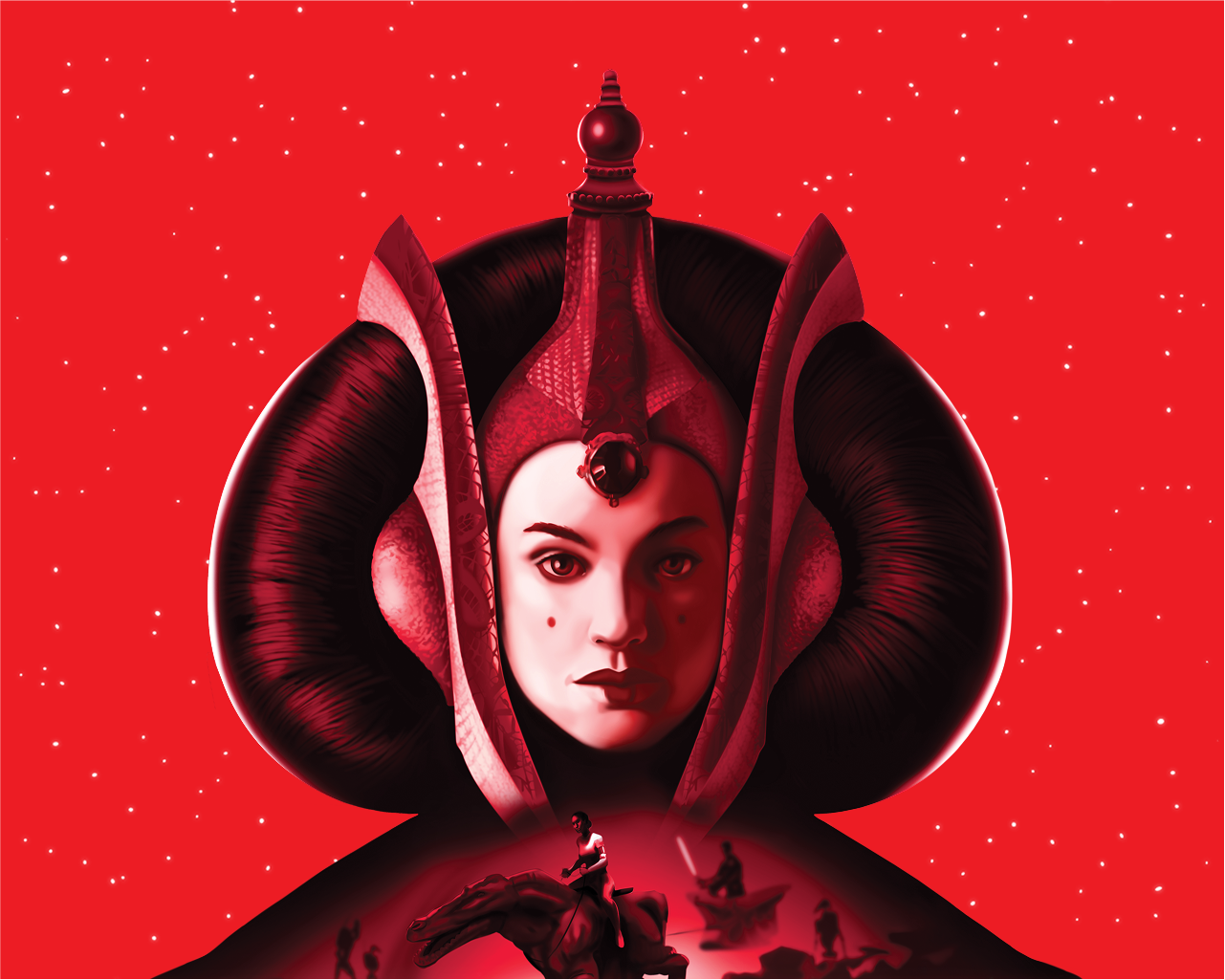 Gros plan du personnage de Star Wars, la reine Amidala, sur un fond rouge étoilé