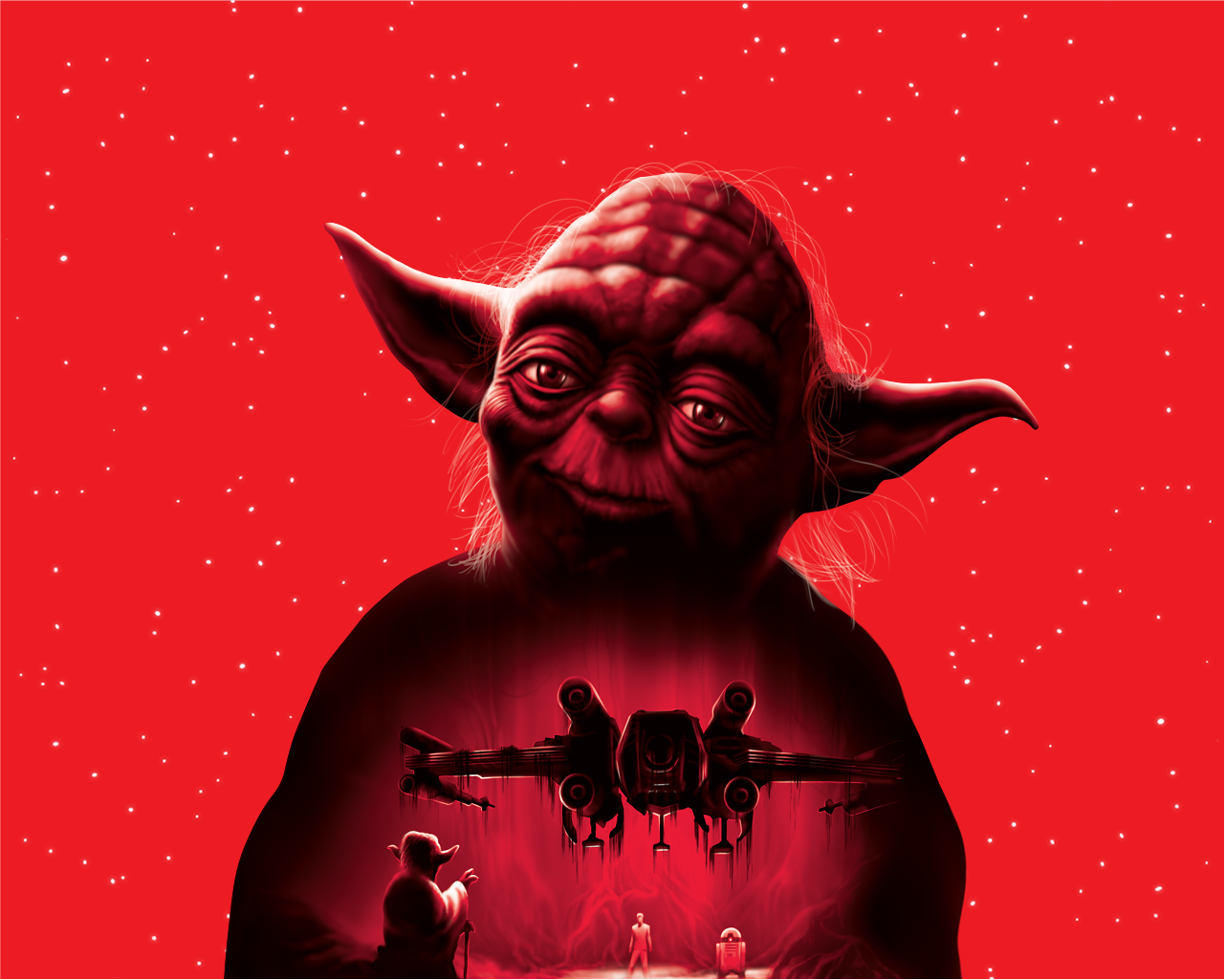 Le personnage de Star Wars Yoda sur un fond rouge étoilé, avec un chasseur stellaire X-wing au loin