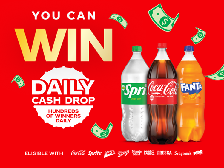 Daily Cash Drop banner with cash icons on a red background, highlighting Step 4 of the promotion: Receive cash back after submitting your receipt through the Ibotta app.