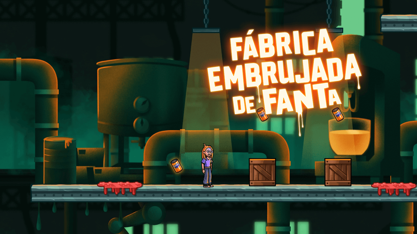 Fondo naranja, manos alzadas. Logo Fanta azul goteando. Deseo intenso, toque misterioso.