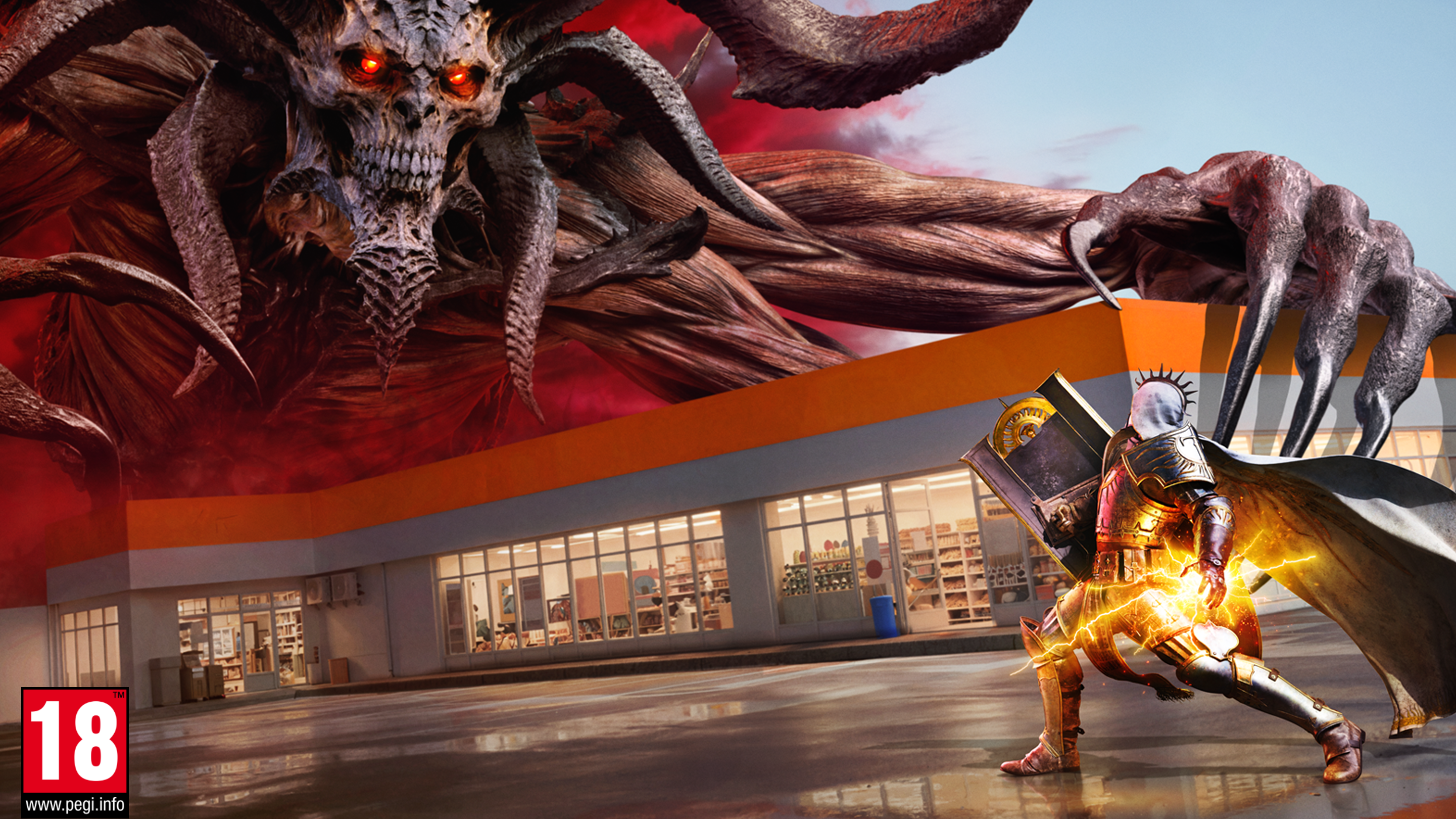The Diablo IV character Mephisto appears above a convenience store and the knight Paladin stands in armor ready to fight him. 